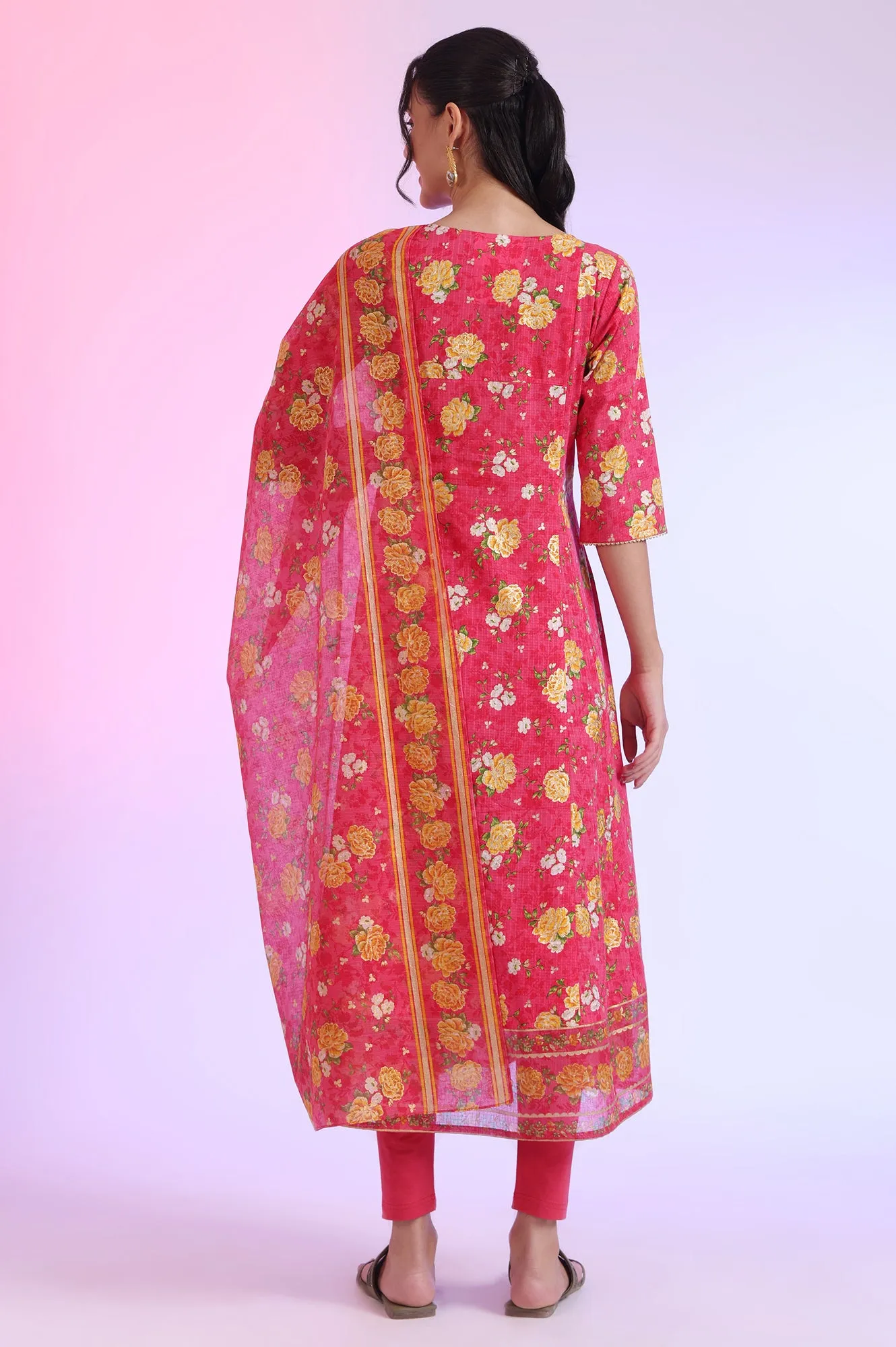 Pink Printed Anarkali with Leggings & Dupatta Set