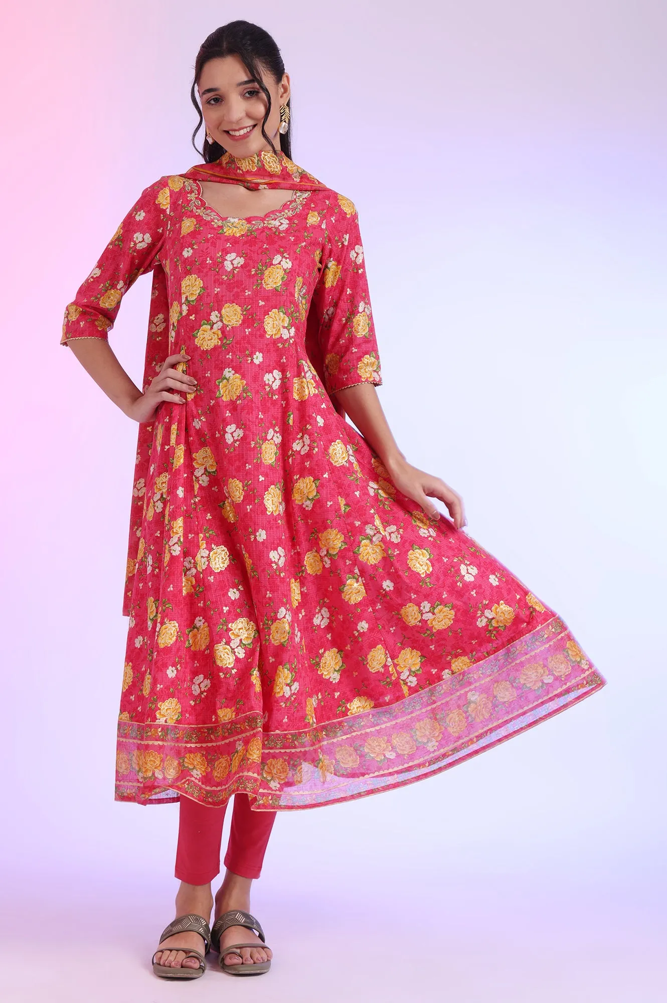 Pink Printed Anarkali with Leggings & Dupatta Set