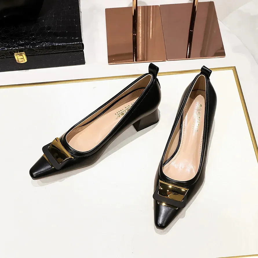 Professional Women's Shoes With Shallow Mouth Small Square Toe Metal Buckle 4.5CM Thick Heel Shoes