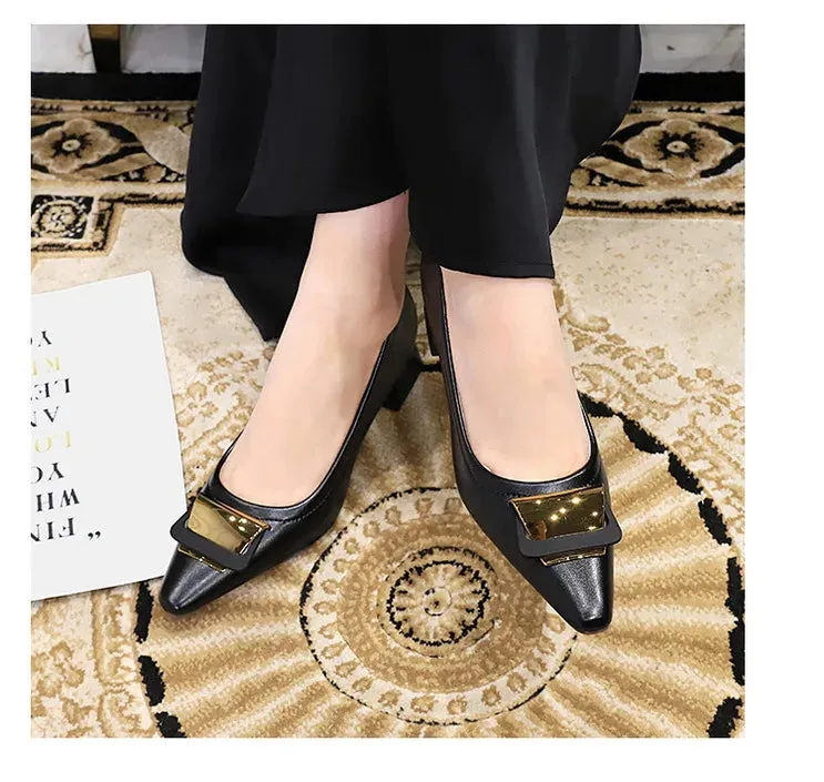 Professional Women's Shoes With Shallow Mouth Small Square Toe Metal Buckle 4.5CM Thick Heel Shoes