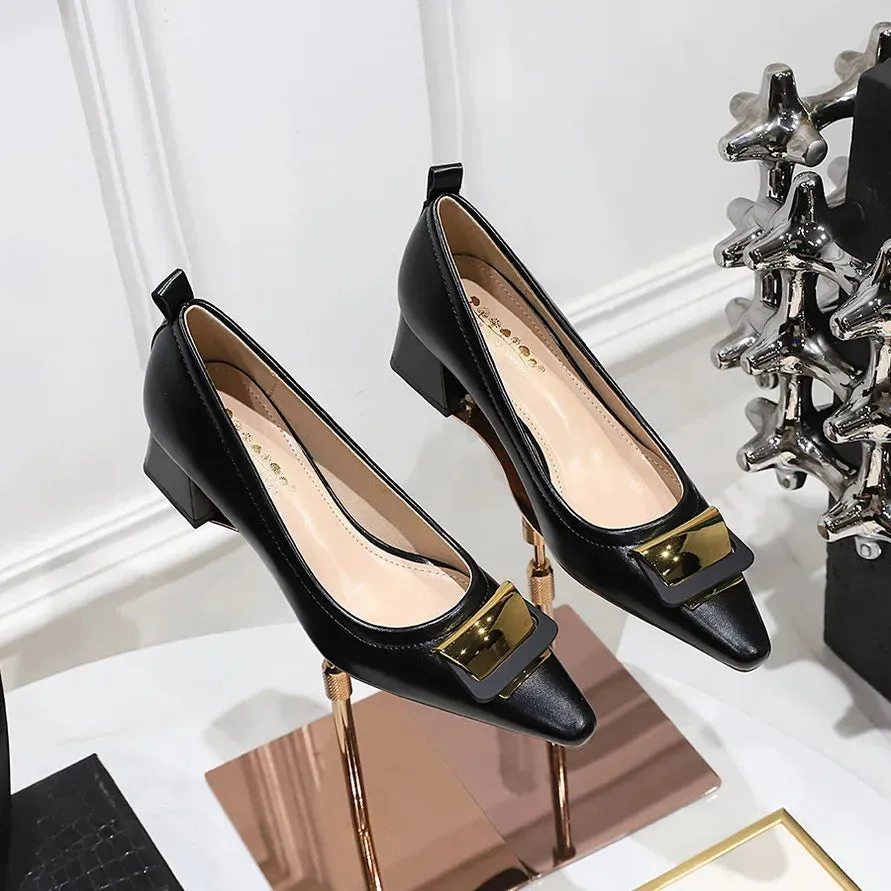 Professional Women's Shoes With Shallow Mouth Small Square Toe Metal Buckle 4.5CM Thick Heel Shoes