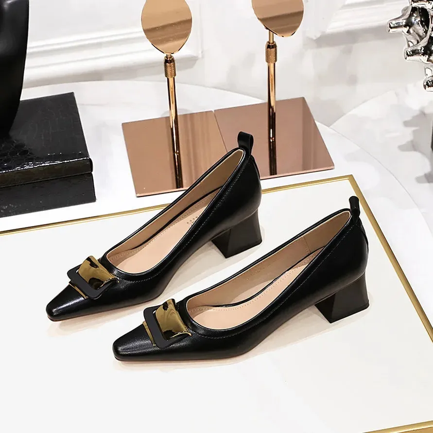 Professional Women's Shoes With Shallow Mouth Small Square Toe Metal Buckle 4.5CM Thick Heel Shoes