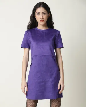 Rareism Women Sions Purple Round Neck Short Sleeves Mini Dress