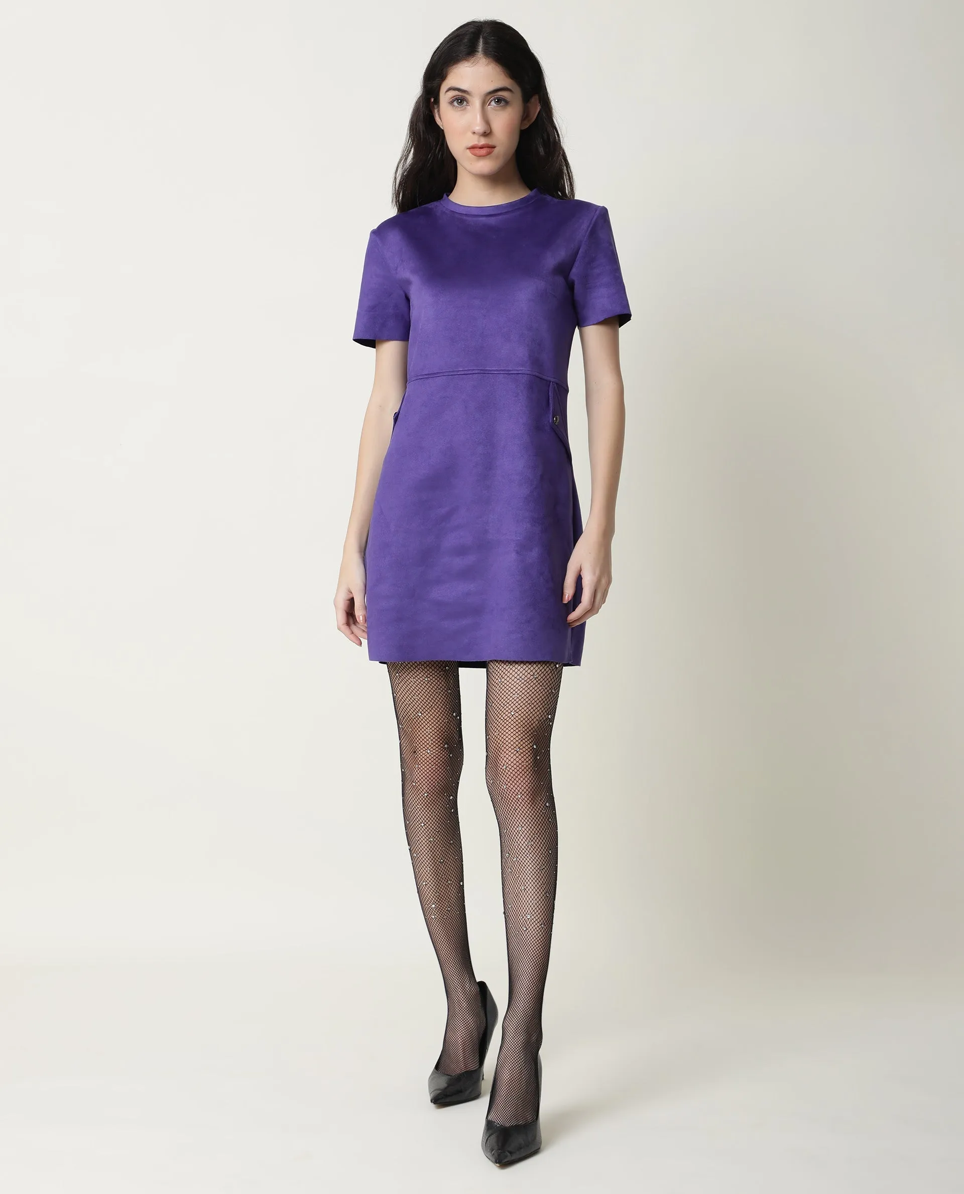 Rareism Women Sions Purple Round Neck Short Sleeves Mini Dress