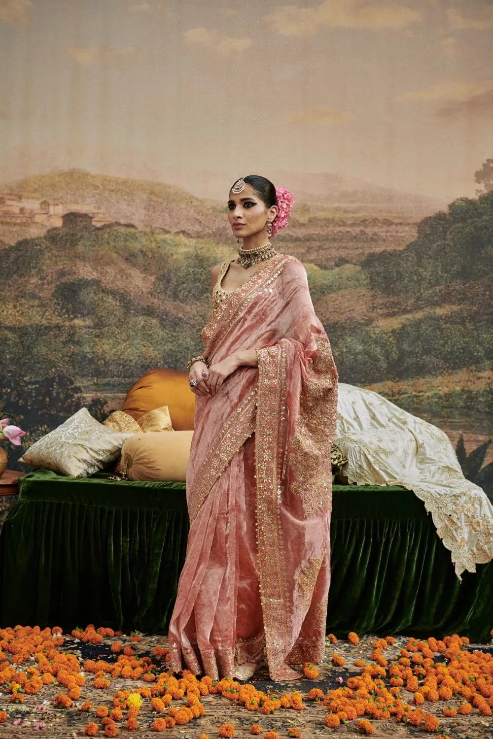 Red Tissue Gota-Patti Work Saree Set