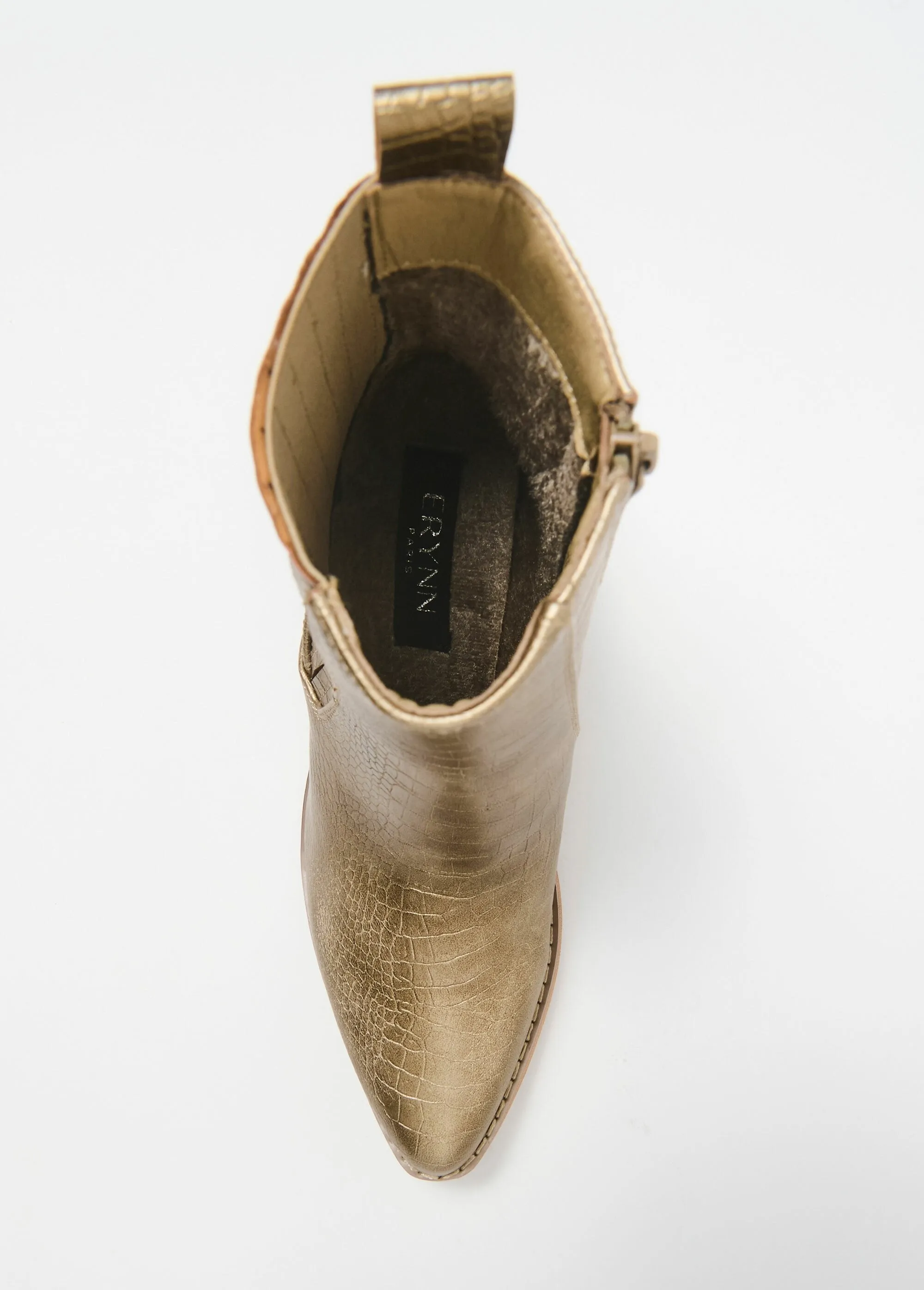 Reptile-style boots with pointed toe heels
