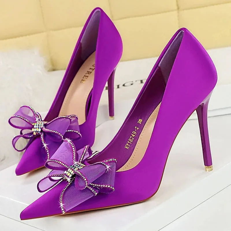 Rhinestone lace bowknot Women Pumps silks and satins High Heels Women Wedding shoes Sexy party shoes stilettos