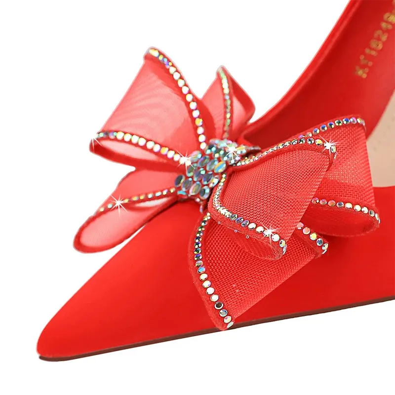 Rhinestone lace bowknot Women Pumps silks and satins High Heels Women Wedding shoes Sexy party shoes stilettos
