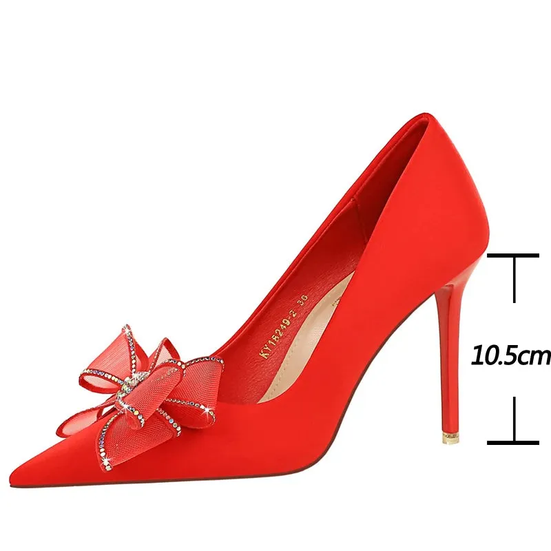 Rhinestone lace bowknot Women Pumps silks and satins High Heels Women Wedding shoes Sexy party shoes stilettos
