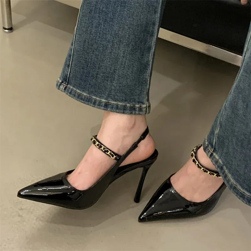 Rivet Pointed Toe Pumps Buckle Strap Thin Heels Shoes