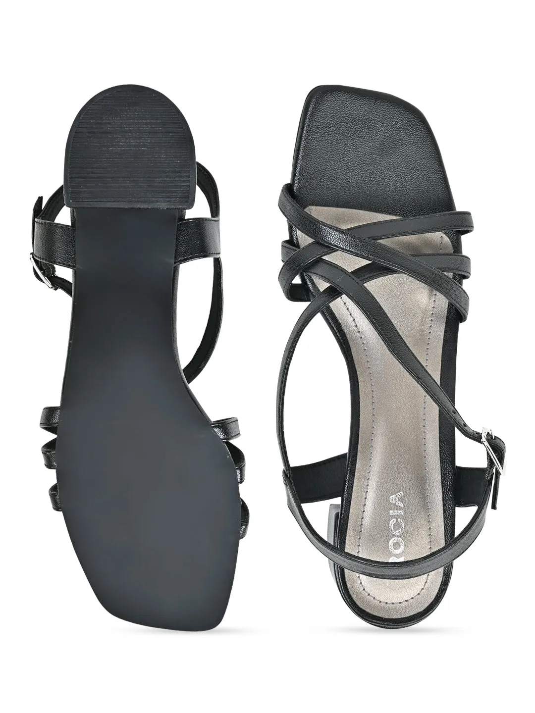 Rocia By Regal Black Women Casual Strappy Box Heel Sandals