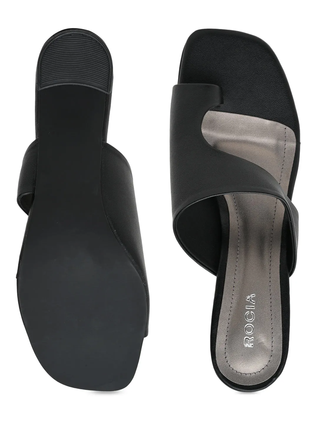 Rocia By Regal Black Women One Toe Casual Block Heel Sandals