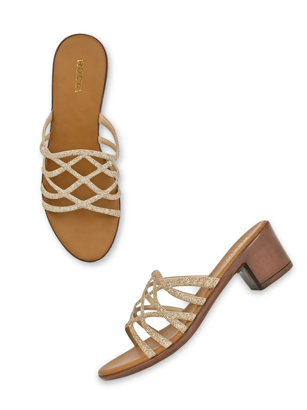 Rocia By Regal Gold Women Shiny Strappy Block Heels
