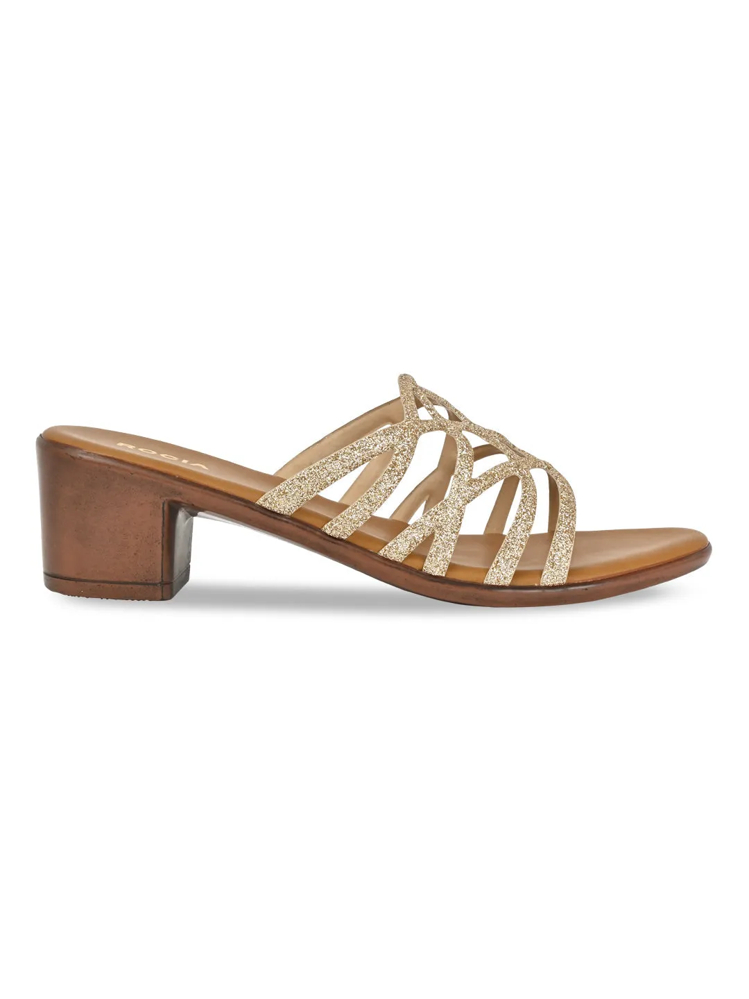 Rocia By Regal Gold Women Shiny Strappy Block Heels