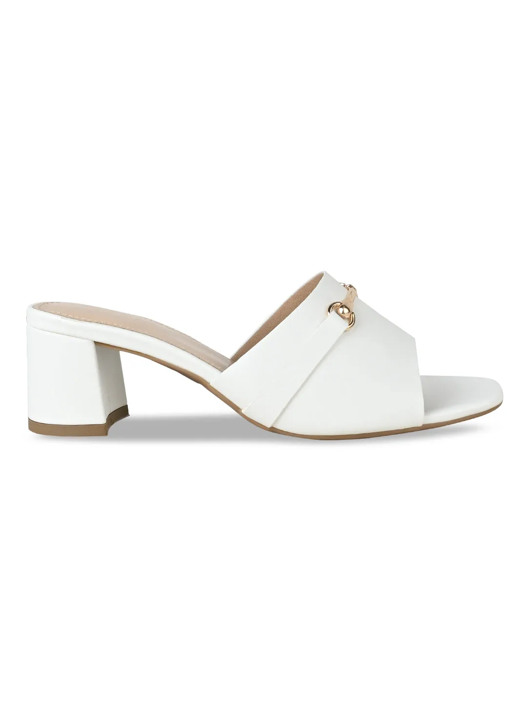 Rocia By Regal White Women Gold Buckled Block Heels