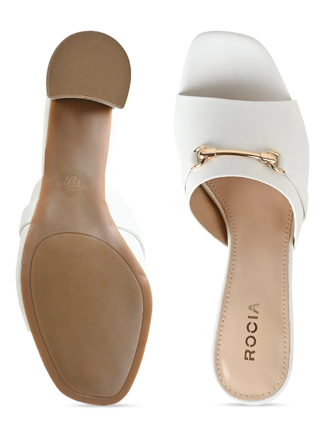 Rocia By Regal White Women Gold Buckled Block Heels