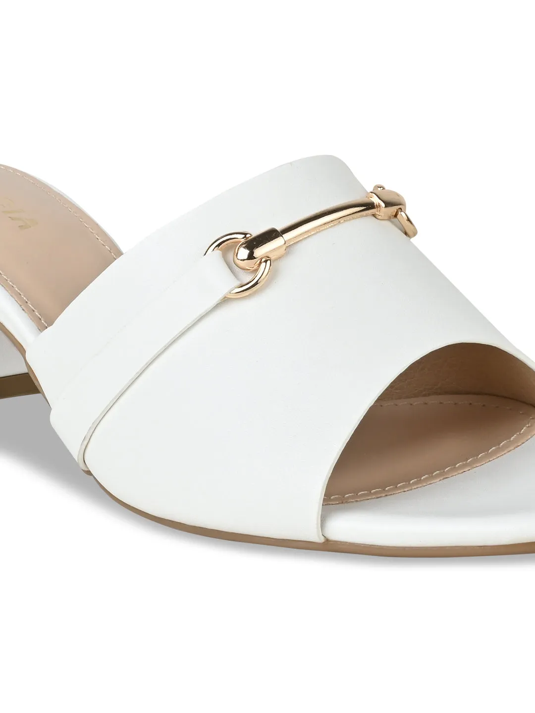Rocia By Regal White Women Gold Buckled Block Heels
