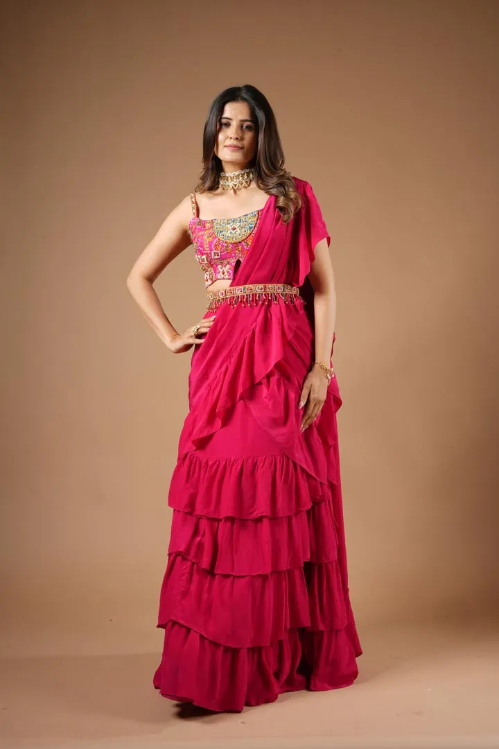 Ruby Pink Viscose Ruffled Saree Set