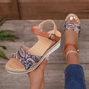 Sandals Large Size 41 42 43 Hemp Rope Bottom One Strap Buckle Back Hollow Low Sloping Heel Womens Platform H240514