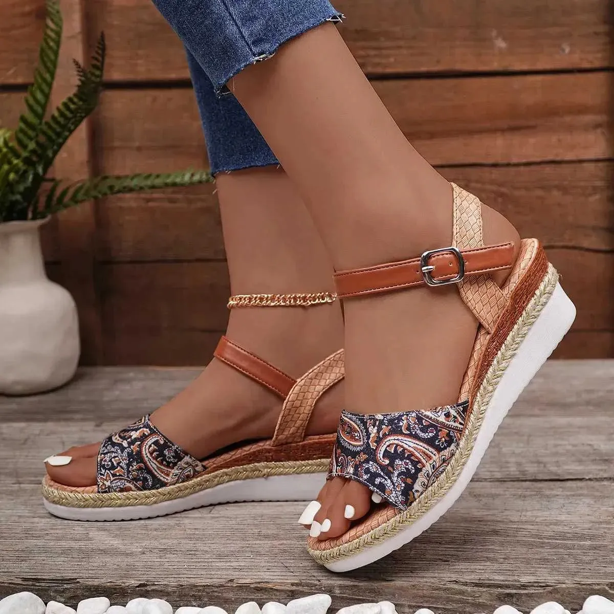 Sandals Large Size 41 42 43 Hemp Rope Bottom One Strap Buckle Back Hollow Low Sloping Heel Womens Platform H240514