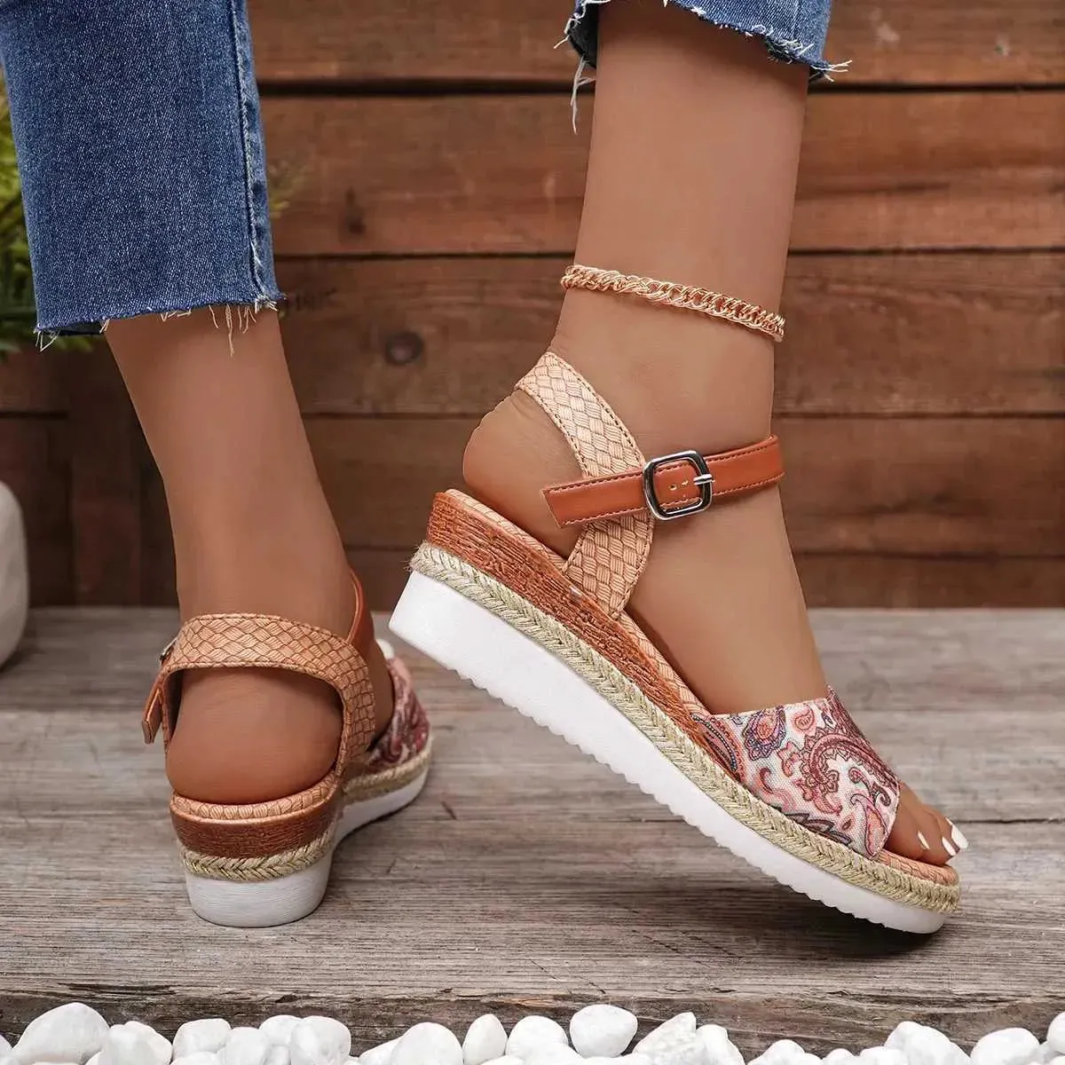 Sandals Large Size 41 42 43 Hemp Rope Bottom One Strap Buckle Back Hollow Low Sloping Heel Womens Platform H240514