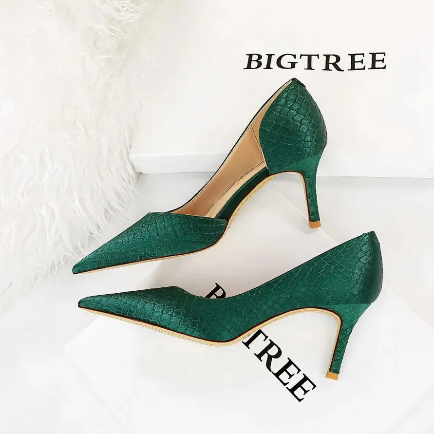 Shoes Woman Pumps Pointed Toe Shallow High Heels Snakeskin Satin Thin Heel Sandals Stiletto Party Shoes