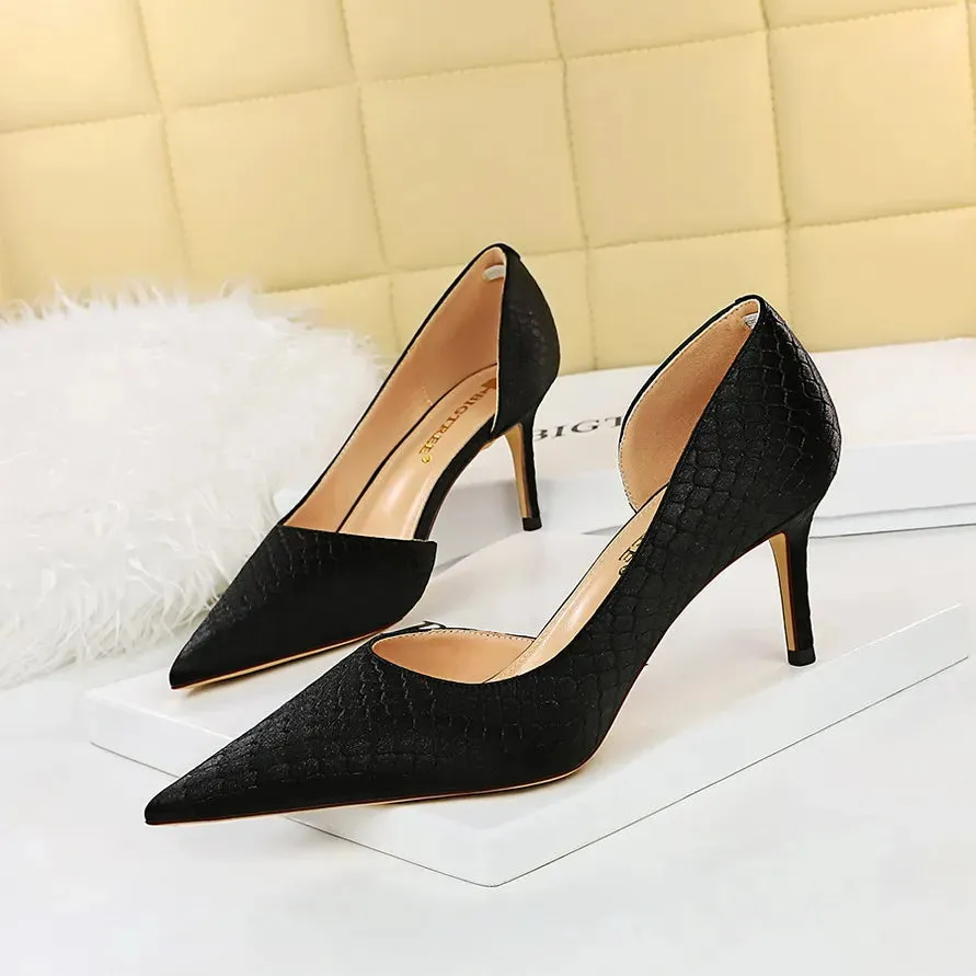 Shoes Woman Pumps Pointed Toe Shallow High Heels Snakeskin Satin Thin Heel Sandals Stiletto Party Shoes