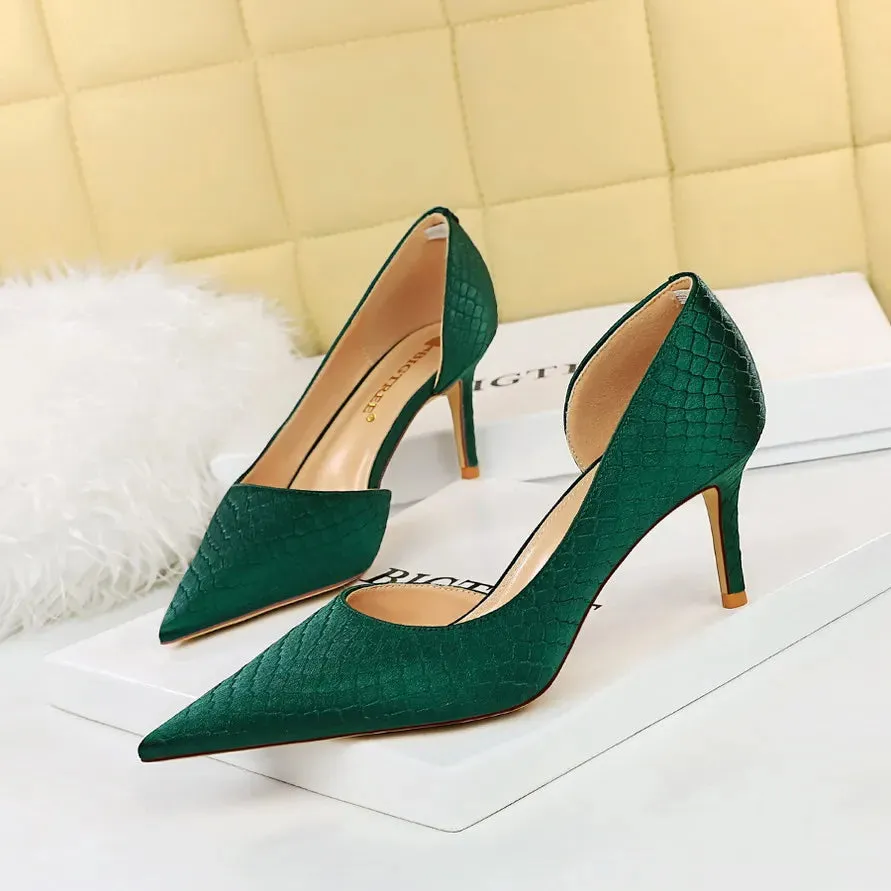 Shoes Woman Pumps Pointed Toe Shallow High Heels Snakeskin Satin Thin Heel Sandals Stiletto Party Shoes