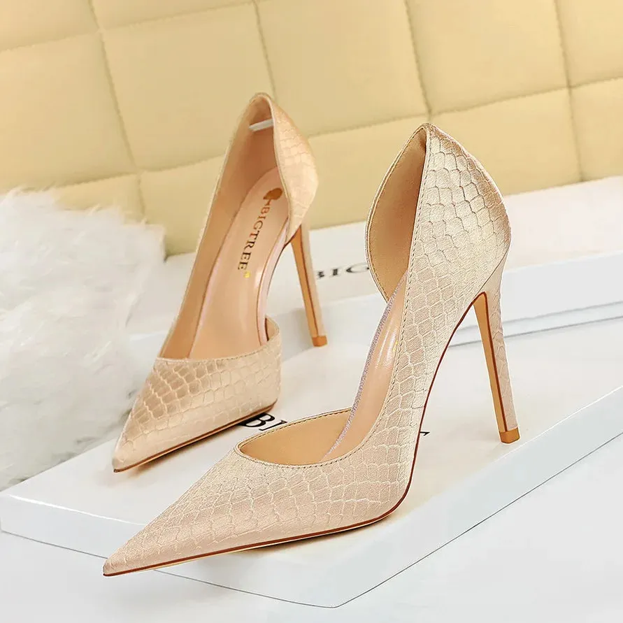 Shoes Woman Pumps Pointed Toe Shallow High Heels Snakeskin Satin Thin Heel Sandals Stiletto Party Shoes