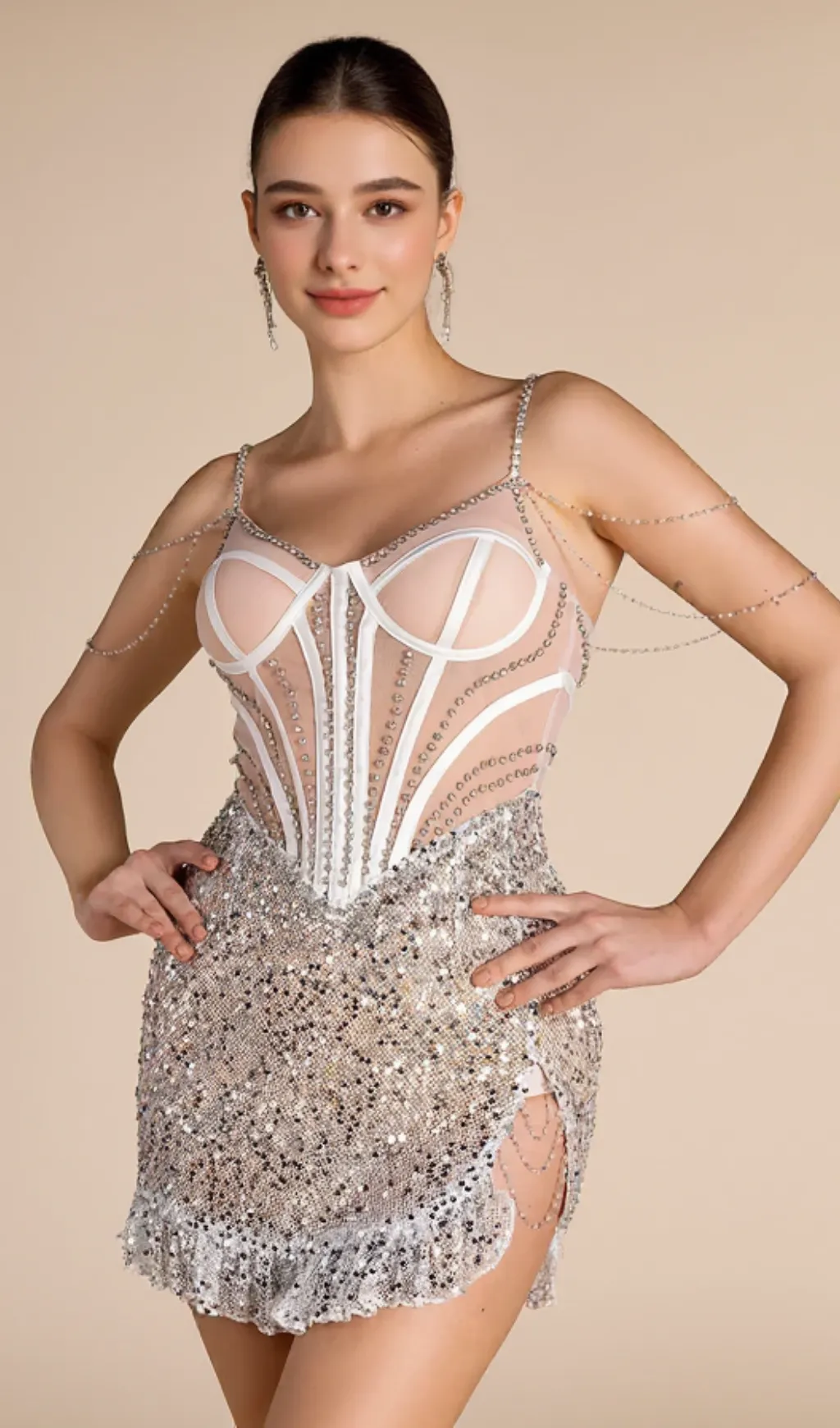 Smot Shoulder Chain Rhinestone Sequin Dress