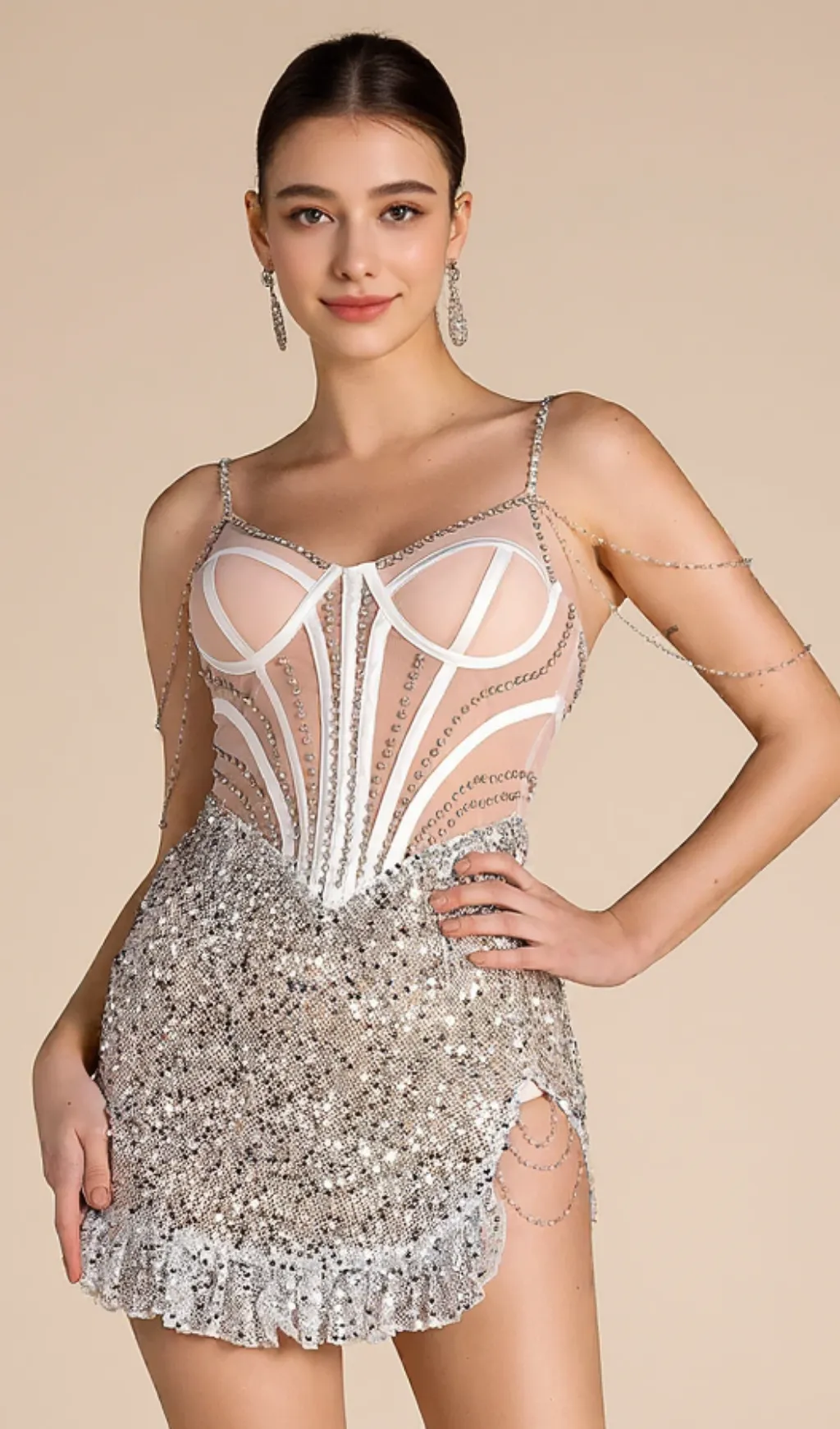 Smot Shoulder Chain Rhinestone Sequin Dress