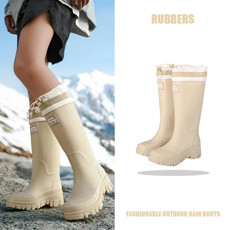 Solid Big Men Women Outdoor Tide Non-slip Waterproof Parent-Child Rain Boots Children Hundred Couple Adjustable Drawstring