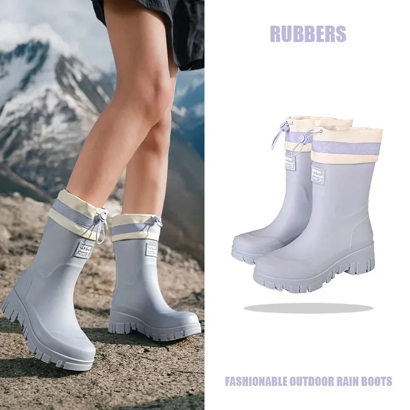Solid Big Men Women Outdoor Tide Non-slip Waterproof Parent-Child Rain Boots Children Hundred Couple Adjustable Drawstring