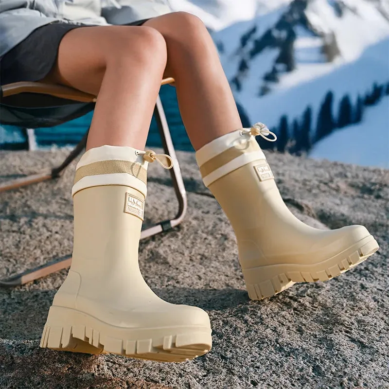 Solid Big Men Women Outdoor Tide Non-slip Waterproof Parent-Child Rain Boots Children Hundred Couple Adjustable Drawstring