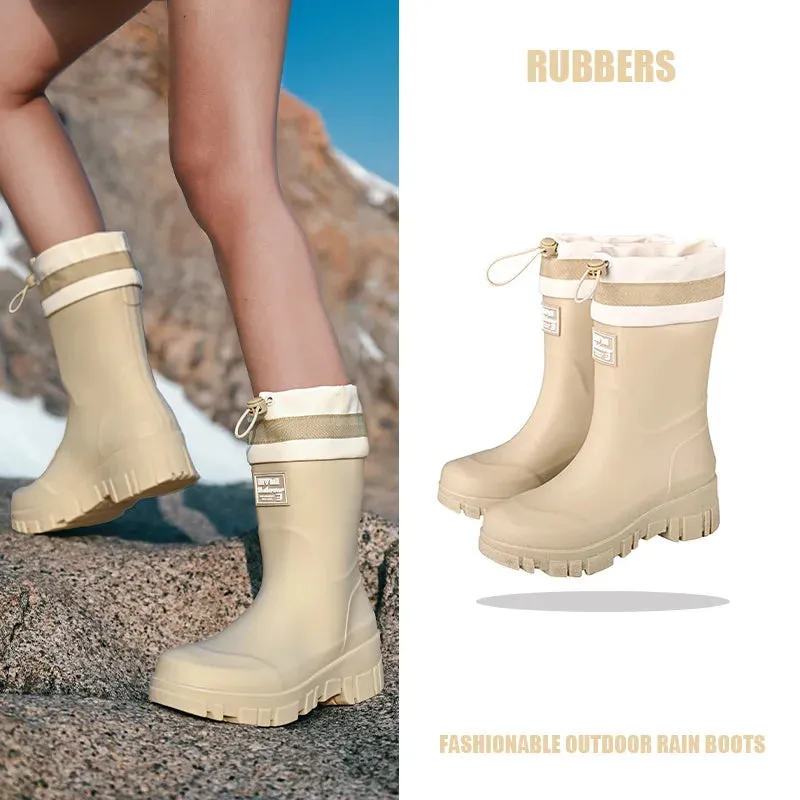Solid Big Men Women Outdoor Tide Non-slip Waterproof Parent-Child Rain Boots Children Hundred Couple Adjustable Drawstring