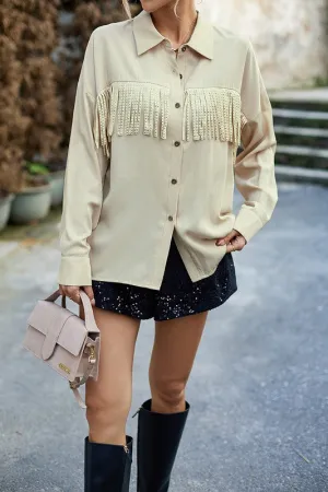 Solid Button Front Open Tassel Fit Blouse - Large