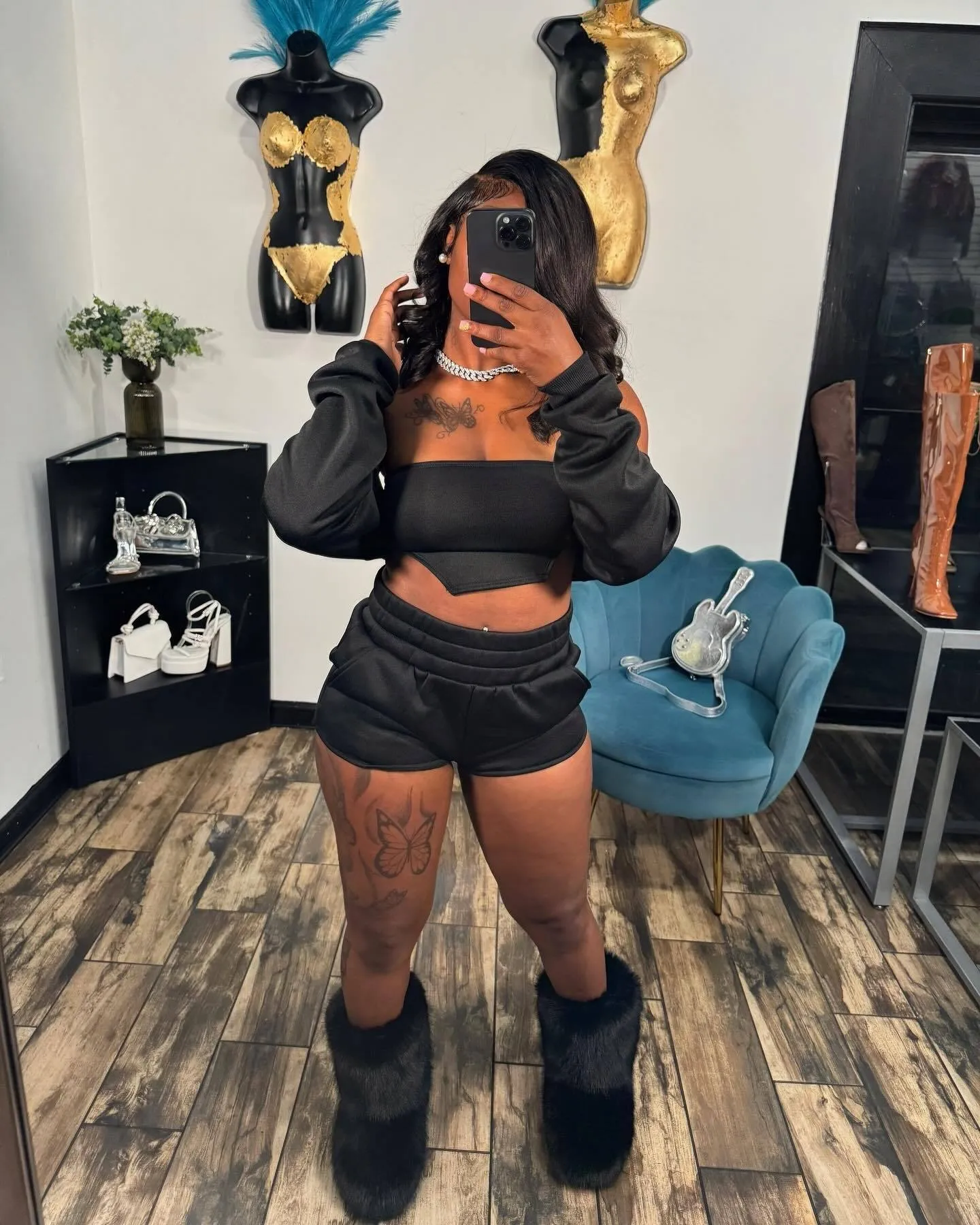 Trendy Three-Piece Crop Top Off-Shoulder Sleeve and Shorts Set