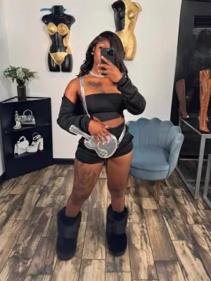 Trendy Three-Piece Crop Top Off-Shoulder Sleeve and Shorts Set