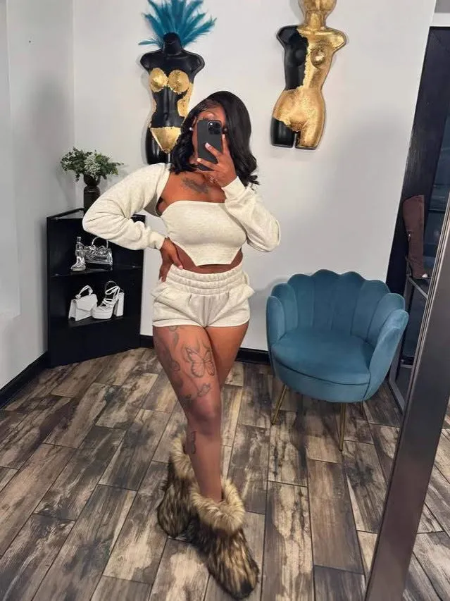 Trendy Three-Piece Crop Top Off-Shoulder Sleeve and Shorts Set