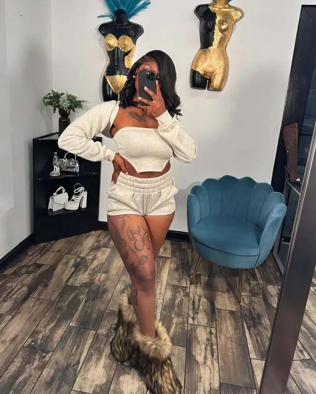 Trendy Three-Piece Crop Top Off-Shoulder Sleeve and Shorts Set