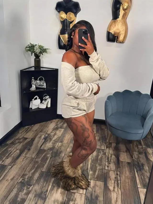 Trendy Three-Piece Crop Top Off-Shoulder Sleeve and Shorts Set