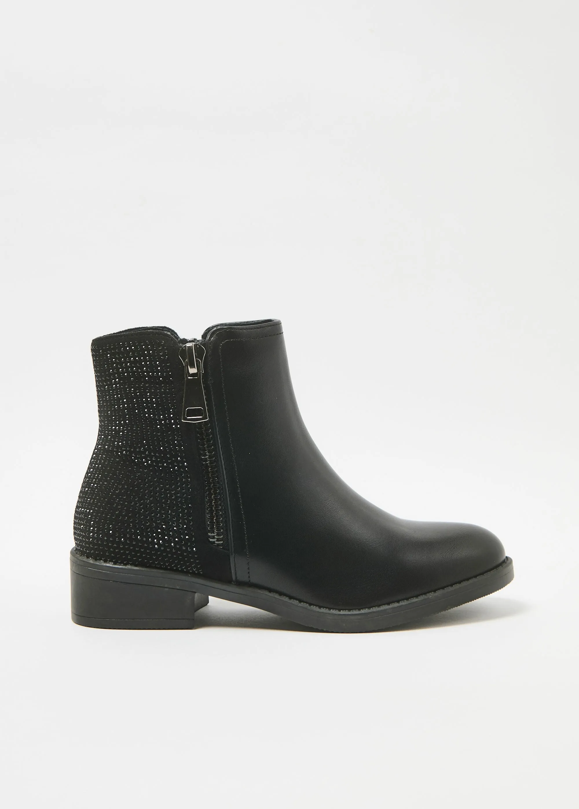 Two-material boots with rhinestones and zip