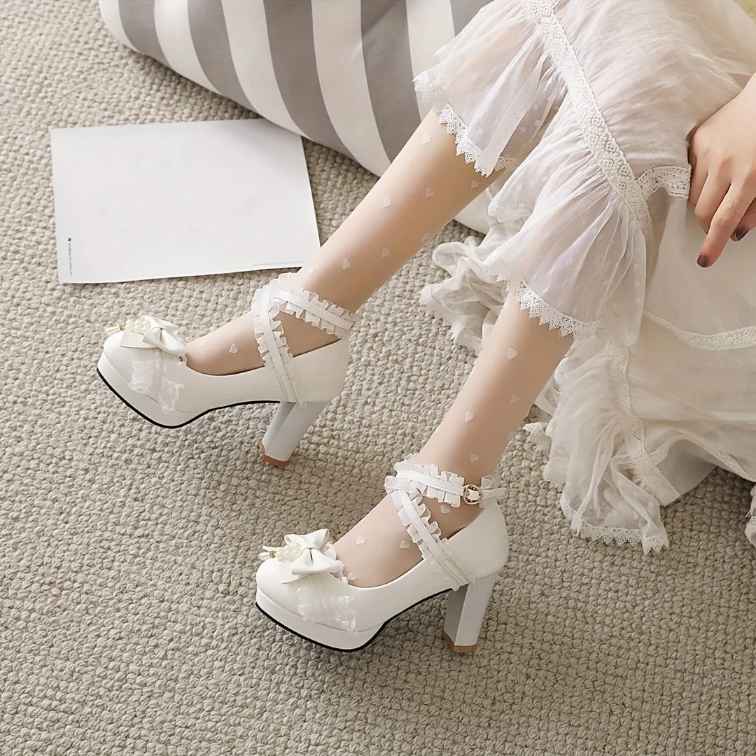 VougeVamp Chic Lace Bowknot Platform Pumps – High Block Heel Waterproof Fashion Shoes
