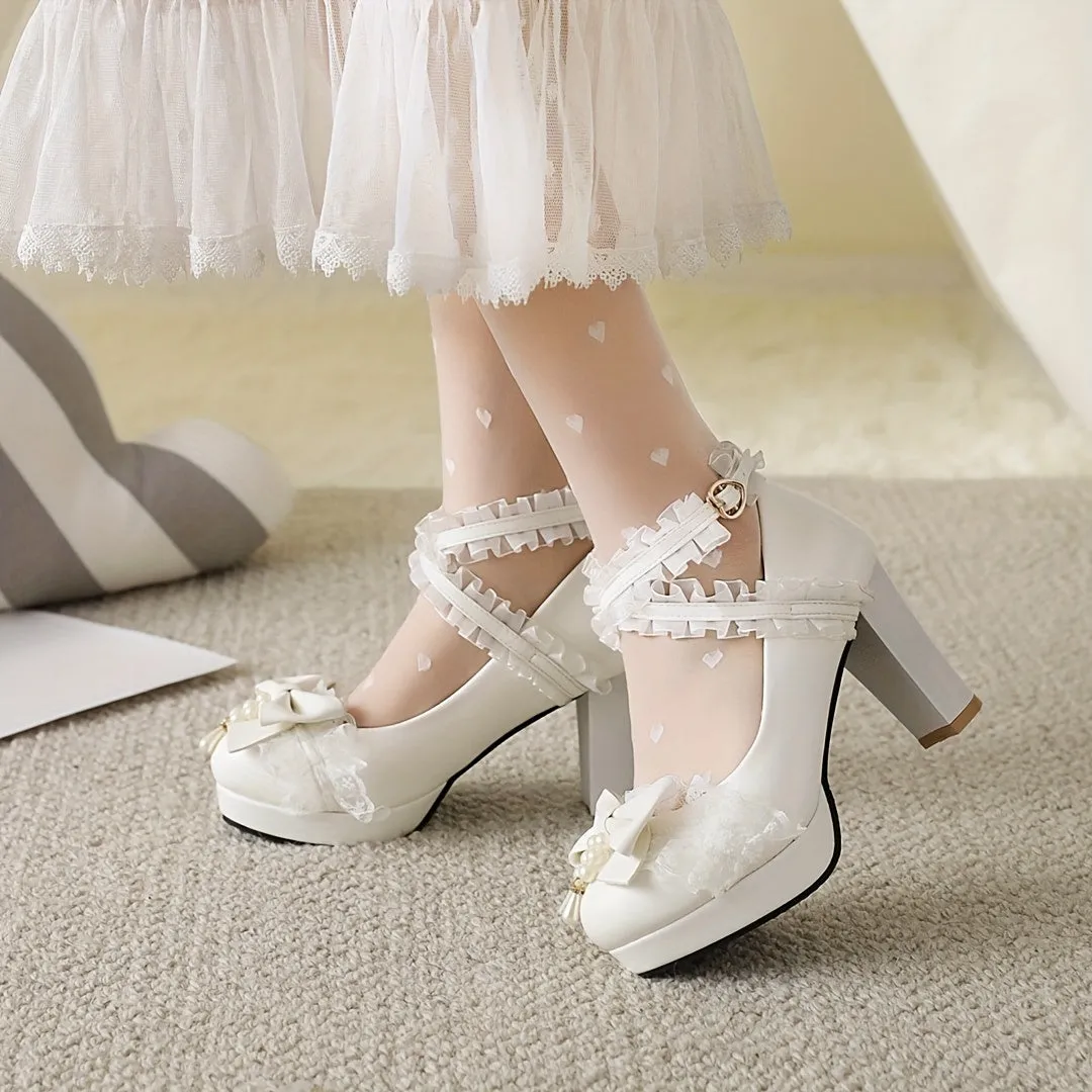 VougeVamp Chic Lace Bowknot Platform Pumps – High Block Heel Waterproof Fashion Shoes