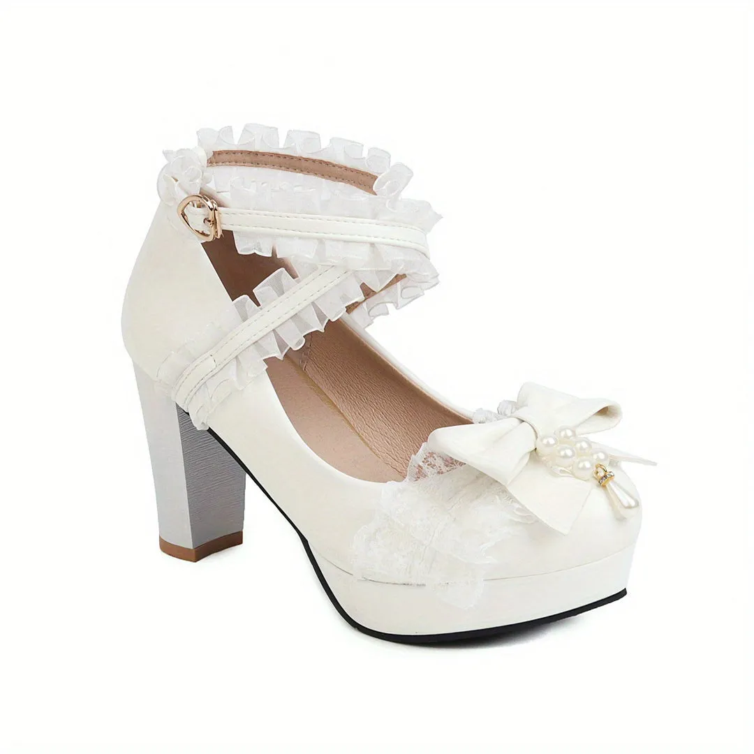 VougeVamp Chic Lace Bowknot Platform Pumps – High Block Heel Waterproof Fashion Shoes