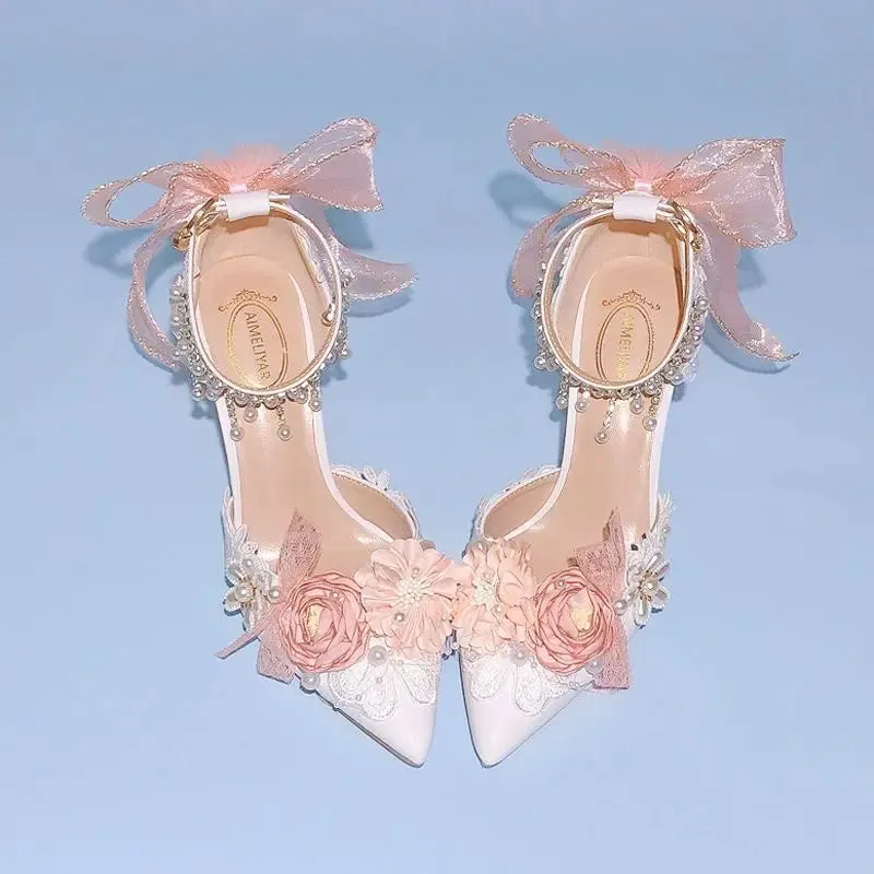 VougeVamp Lolita Bridal High Heels – Pink Pearl Rhinestone Wedding Shoes with Sweet Floral Knot Design