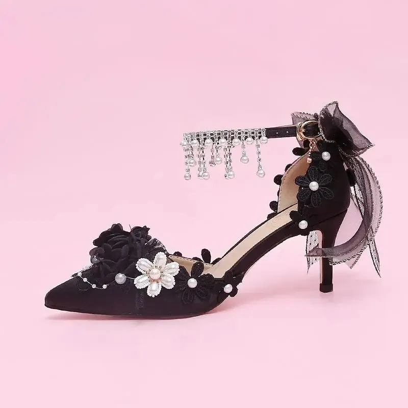 VougeVamp Lolita Bridal High Heels – Pink Pearl Rhinestone Wedding Shoes with Sweet Floral Knot Design
