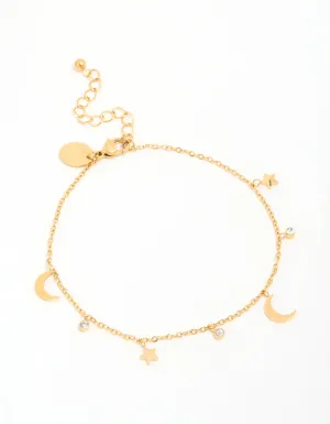 Waterproof Gold Plated Stainless Steel Cubic Zirconia Moon & Star Anklet