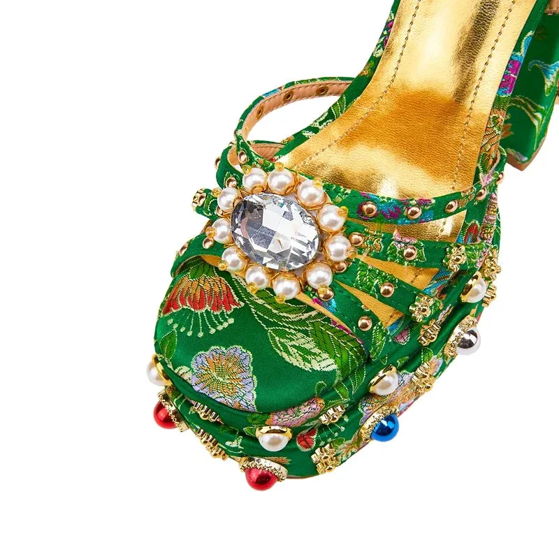 Waterproof Platform Heeled Pearl Rivet Flower Sandals