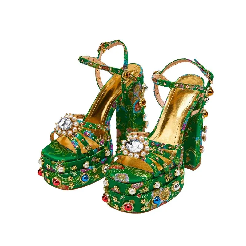 Waterproof Platform Heeled Pearl Rivet Flower Sandals